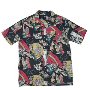 Stussy Hawaiian Islands Shirt Medium Black Hula Camp Loop Collar VTG Y2K